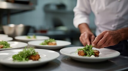 Chef hands plating gourmet entree on white plates, professional kitchen service and fine dining prep, calm focused mood for restaurant branding and catering promotions