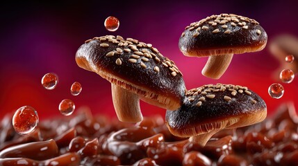 Surreal Floating Shiitake Mushrooms with Sesame Seeds and Glaze