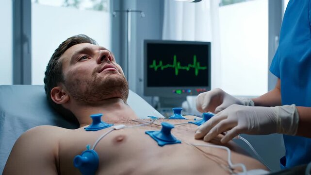 Nurse attaches ECG electrodes to patient chest in hospital. Man patient lies on bed during heart examination. ECG monitor shows heartbeat in hospital room. Nurse places electrode on patient chest.