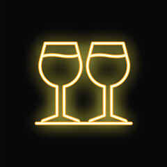 Fototapeta premium Neon sign of two wine glasses glowing yellow on black background