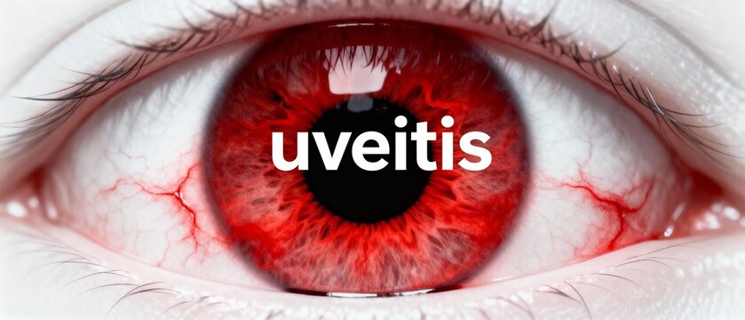 Uveitis medical concept showing a close-up of a severely red and inflamed human eye with bloodshot sclera.
