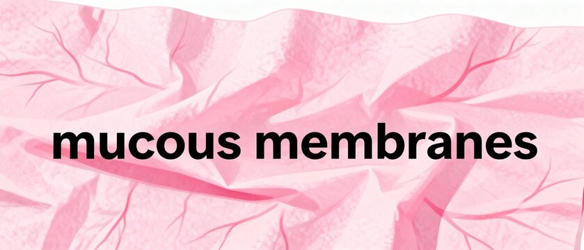 Anatomical term mucous membranes written over a pink biological tissue background illustration.