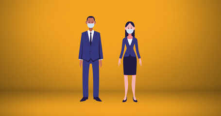 Image of businessman and businesswoman wearing face masks maintaining social distancing