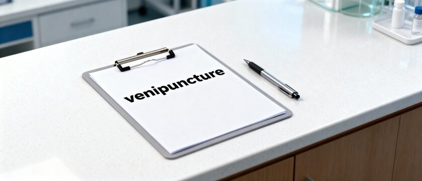 Clipboard with the word venipuncture on a white desk in a medical clinic or laboratory.
