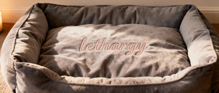 Comfortable empty grey plush dog bed with soft bolster sides waiting for a pet.
