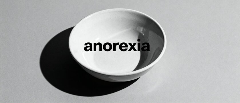 Conceptual black and white image representing anorexia with the word inside an empty bowl.