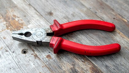 A pair of red-handled pliers resting on a weathered wooden surface.