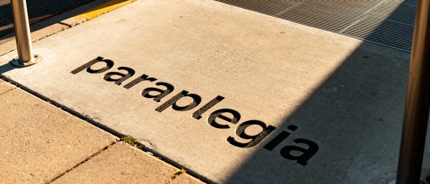 Conceptual image of the word paraplegia as a shadow on a concrete sidewalk.