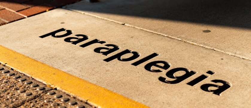 Conceptual image representing the medical condition of paraplegia with text on a floor sign.