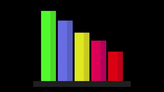 Multicolored 3d bar chart illustrating a declining financial trend and negative growth on a transparent background