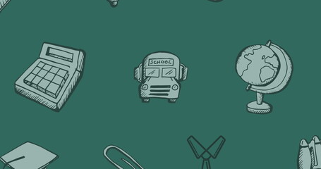 Image of back to school text over school items icons on green background