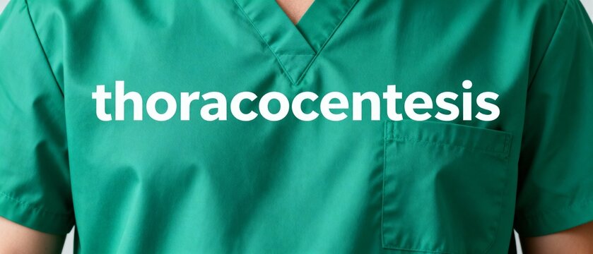Medical professional wearing green scrubs with the word thoracocentesis printed on the chest.