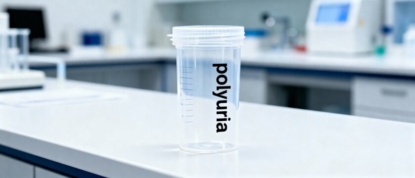 Polyuria diagnosis concept with a urine sample in a container for medical laboratory analysis.