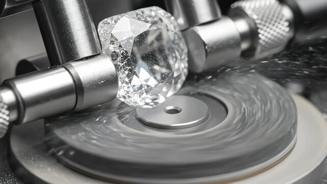 Macro close-up of precision diamond cutting and polishing on a spinning scaife wheel, industrial jewelry manufacturing process, sparkling gemstone faceting with flying dust particles
