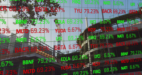 Financial data over building site.