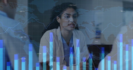 Image of graphs, changing numbers and map over diverse doctors discussing patient reports