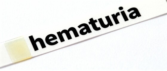 Fototapeta premium The medical term Hematuria printed in bold black letters on a white paper strip, representing a clinical diagnosis.