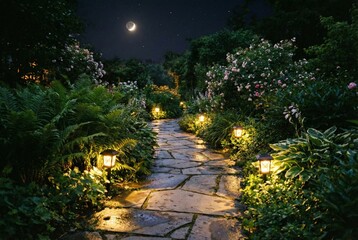 Fototapeta premium Magical night garden scene featuring solar led lights along winding stone path in nature