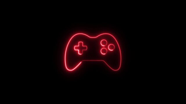 Glowing neon 3D joystick animation icon, looped spin. Game station controller, play console, joypad for video games. Gamepad icon isolated on black background.