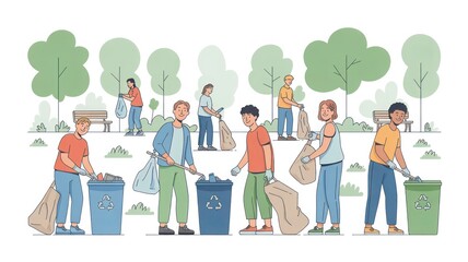Fototapeta premium Volunteers clean up a public park area by collecting litter into large plastic bags and placing trash into recycling receptacles under green trees.