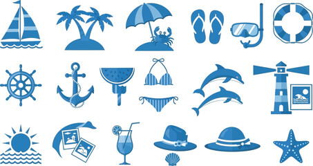 Summer vacation beach travel icons set flat vector illustration blue theme © MSTMANWARA