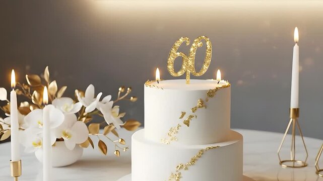 Elegant Two Tier White Cake With Gold Leaf Accents And A Glittering '60' Topper Illuminated By Soft Warm Lighting And Surrounded By White Orchids And Gold Foliage In A Luxurious Setting