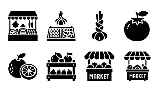 Market icons set featuring fruits and vegetables in bold black silhouette style