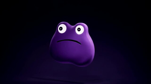 3d animated purple character floating on dark background sad expression