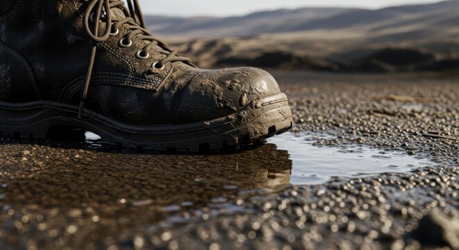 Muddy boot standing in water puddle on rough ground, close up. Sturdy work shoe exhibits determination, symbolizing challenging journey or path. Muddy boot concept for outdoor adventure, construction,