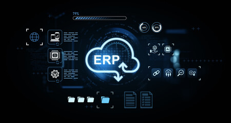 Fototapeta premium ERP system cloud computing concept with digital interface icons and futuristic hologram on blurred technology background. 3D Rendering