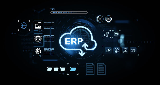 ERP system cloud computing concept with digital interface icons and futuristic hologram on blurred technology background. 3D Rendering
