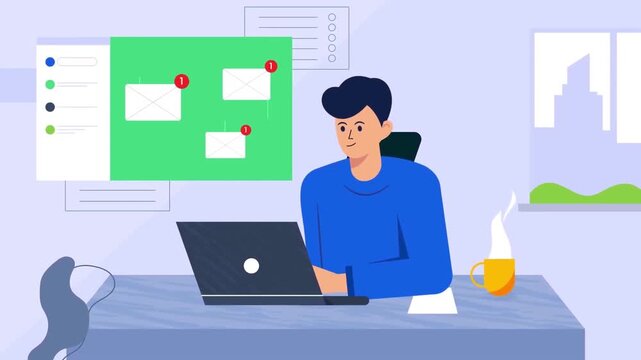 Student studying online on laptop animation, e learning and remote education concept, digital classroom and home study, 2D cartoon