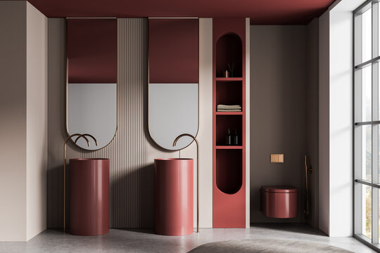 Modern minimalist bathroom interior design with burgundy fixtures and soft beige wall accents in natural lighting environment. 3D Rendering