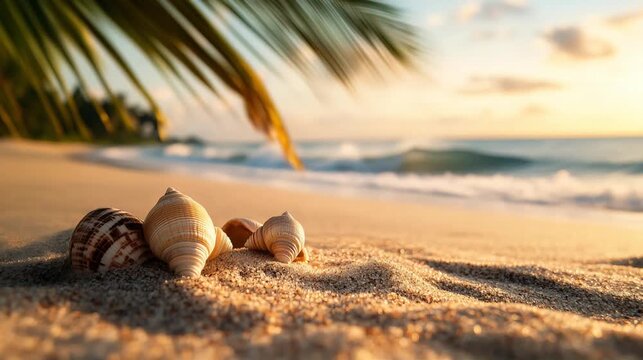 shell on the sand, beach scene with big seashells in background, palm leaf, gentle waves in background	
