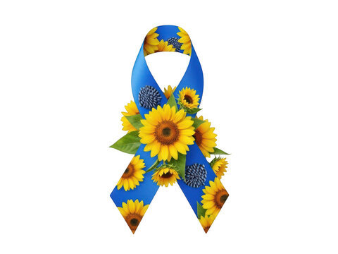 Blue awareness ribbon decorated with sunflowers and summer botanicals
