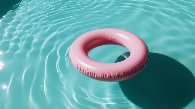 Pink pool ring floating on turquoise pool water, blue water background in swimming pool, wave lines in pool waters pattern background with copy space	
