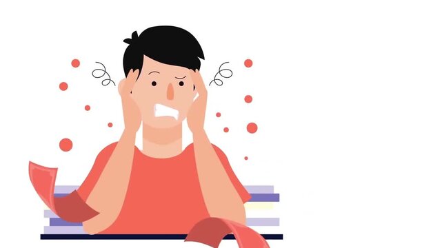 Stressed woman holding head animation, headache and mental pressure concept, anxiety and work stress problem, emotional health, 2D cartoon