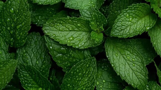 Close-up of mint leaves with water droplets, fresh nature flora texture leaf background	
