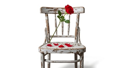 Single Red Rose on Vintage Wooden Chair Isolated on White, Symbol of Love, Romance, Memory, Loneliness, Valentine Concept, Emotional Minimal Still Life