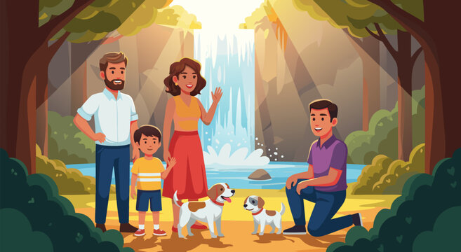 Family with two dogs enjoying a sunny day near a waterfall in a forest, vector illustration