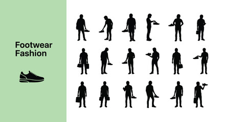 Fototapeta premium Collection of diverse male silhouettes showcasing various poses related to selecting holding and interacting with fashionable athletic footwear icons for retail design