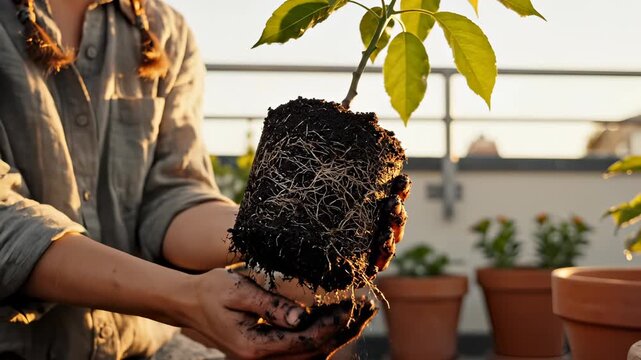 Person holds plant with roots and soil on balcony. Gardener shows rootball during transplanting. Plant roots visible with soil falling. Person transplanting plant on balcony at sunset time.