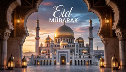 Fototapeta premium Beautiful eid mubarak greeting with a stunning mosque silhouetted against a sunset sky