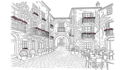 Obraz premium Charming mediterranean street scene with historic architecture and colorful floral accents