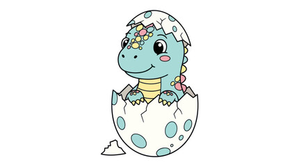 Adorable baby dinosaur hatching from a colorful egg illustration. © SAQUEEN