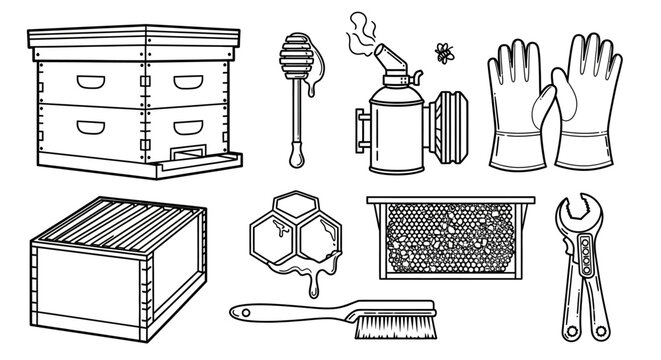 Beekeeping Tools and Honey Production Items Outline Vector Set