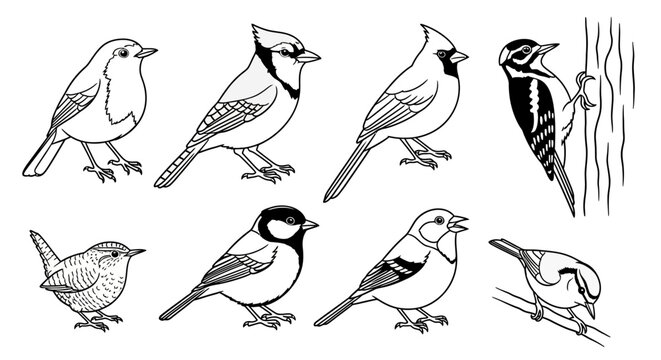 Detailed black and white line art illustrations of various common backyard birds.
