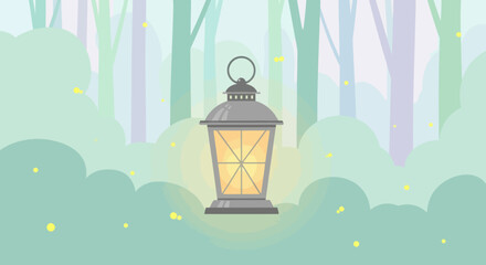 Fototapeta premium Magical forest scene with a glowing lantern and whimsical fireflies
