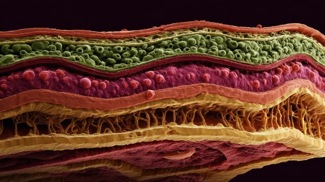 Ultra HD Detailed microscopic crosssection revealing complex layered biological tissue structure with distinct cellular formations and intricate organic patterns video