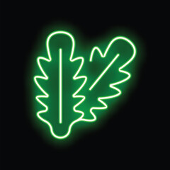 Bright green neon sign showing two oak leaves on a black background